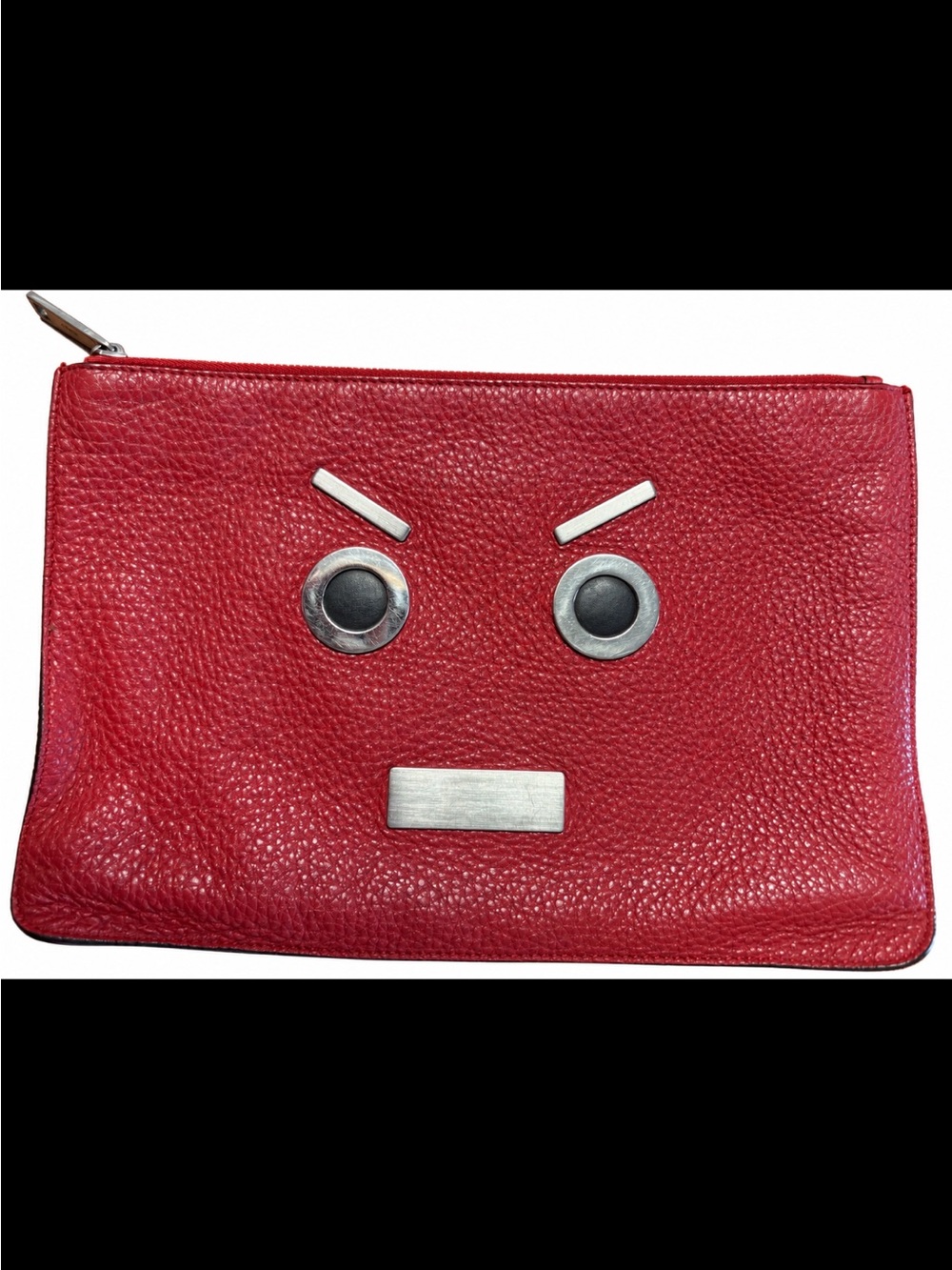 Fendi Red Pebbled Leather Face Zip Pouch with Silver-Tone Hardware